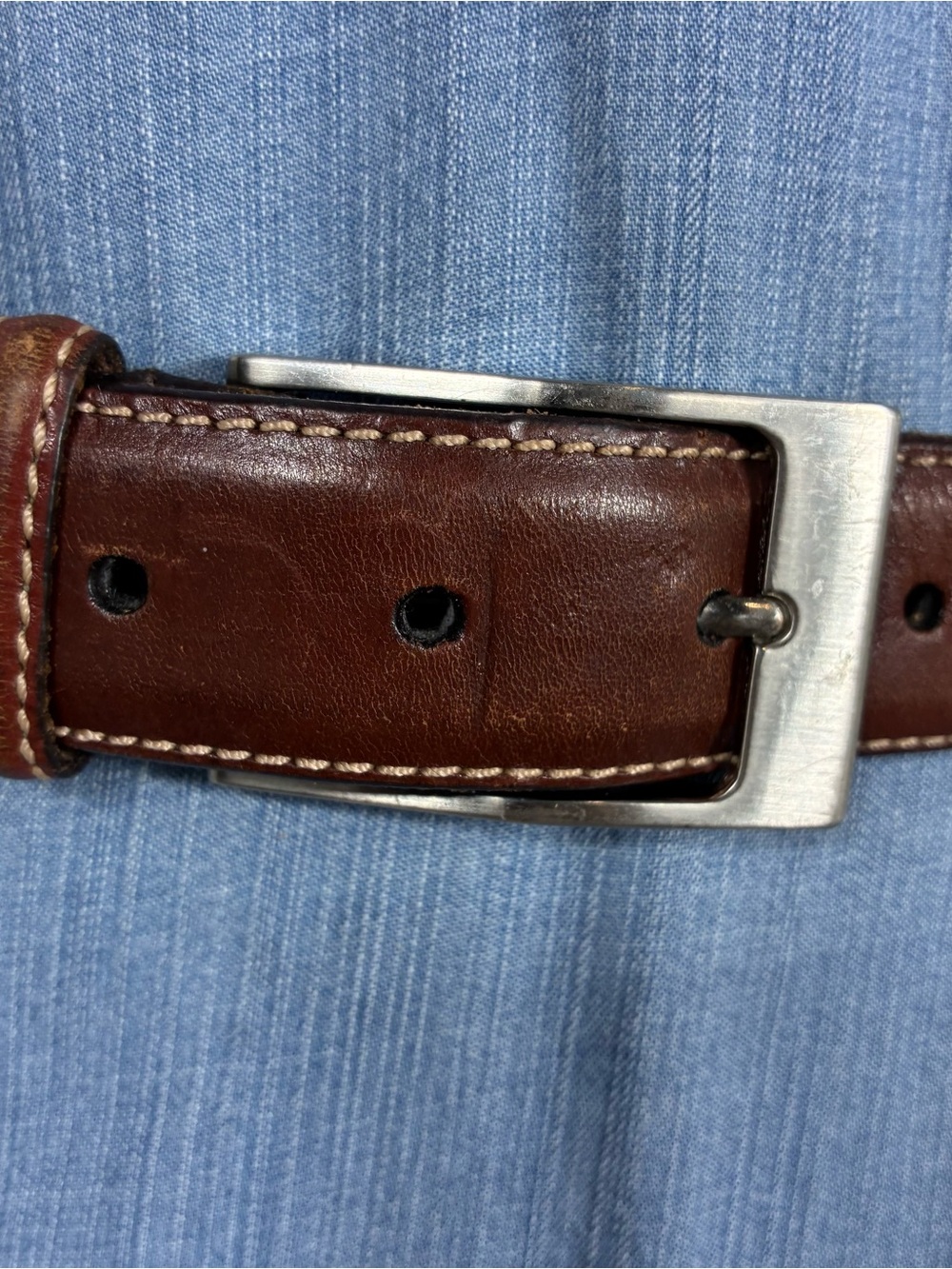 Tulliani unisex belt Sz 42 Italian saddle leather brown white stitching